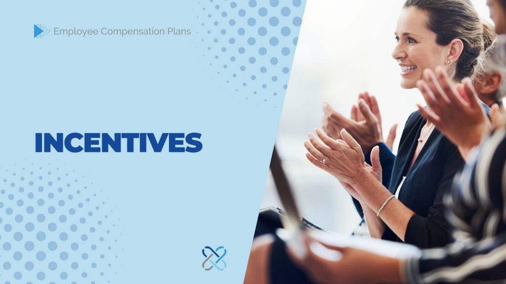 A group of people are sitting and clapping during a meeting or presentation. Set against a light blue background, the words "Employee Compensation Plans" and "INCENTIVES" stand out boldly, while dots in a gradient pattern decorate the left side, emphasizing the focus on rewarding team efforts.