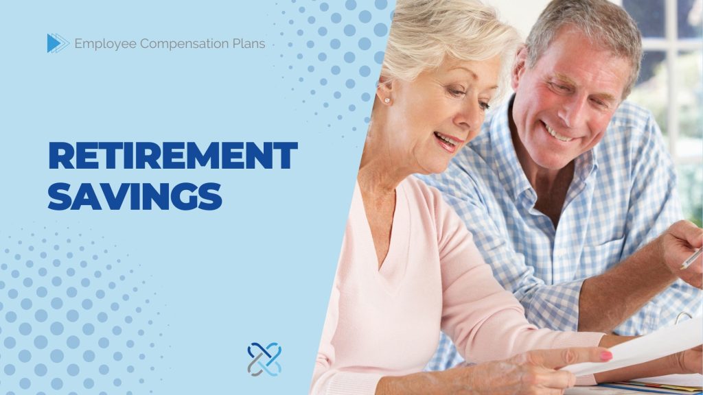 An older woman and man smile while looking at documents. Text on the left reads "Employee Compensation Plans: Retirement Savings" with a blue graphic design.